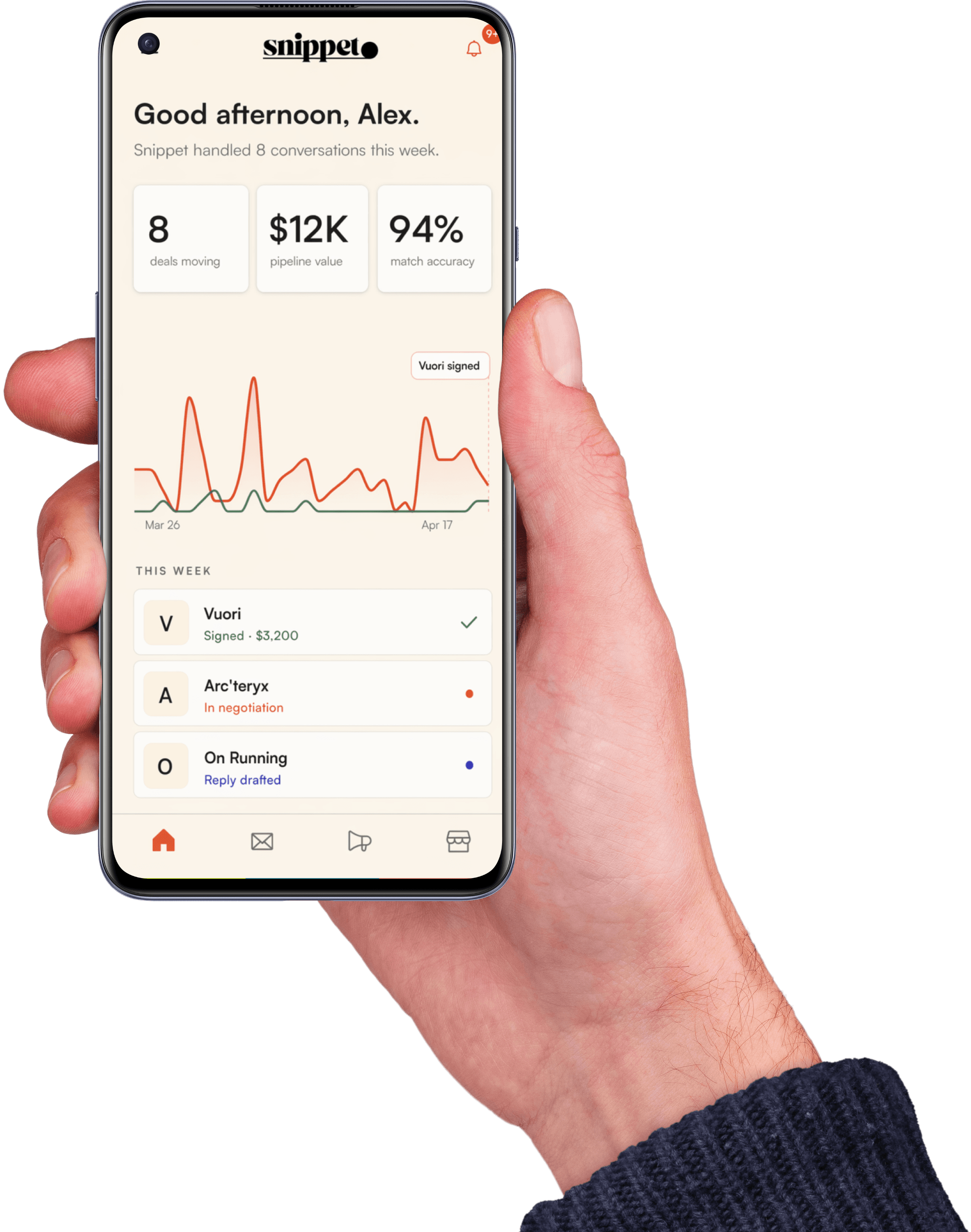 Snippet iPhone dashboard showing creator brand deal pipeline