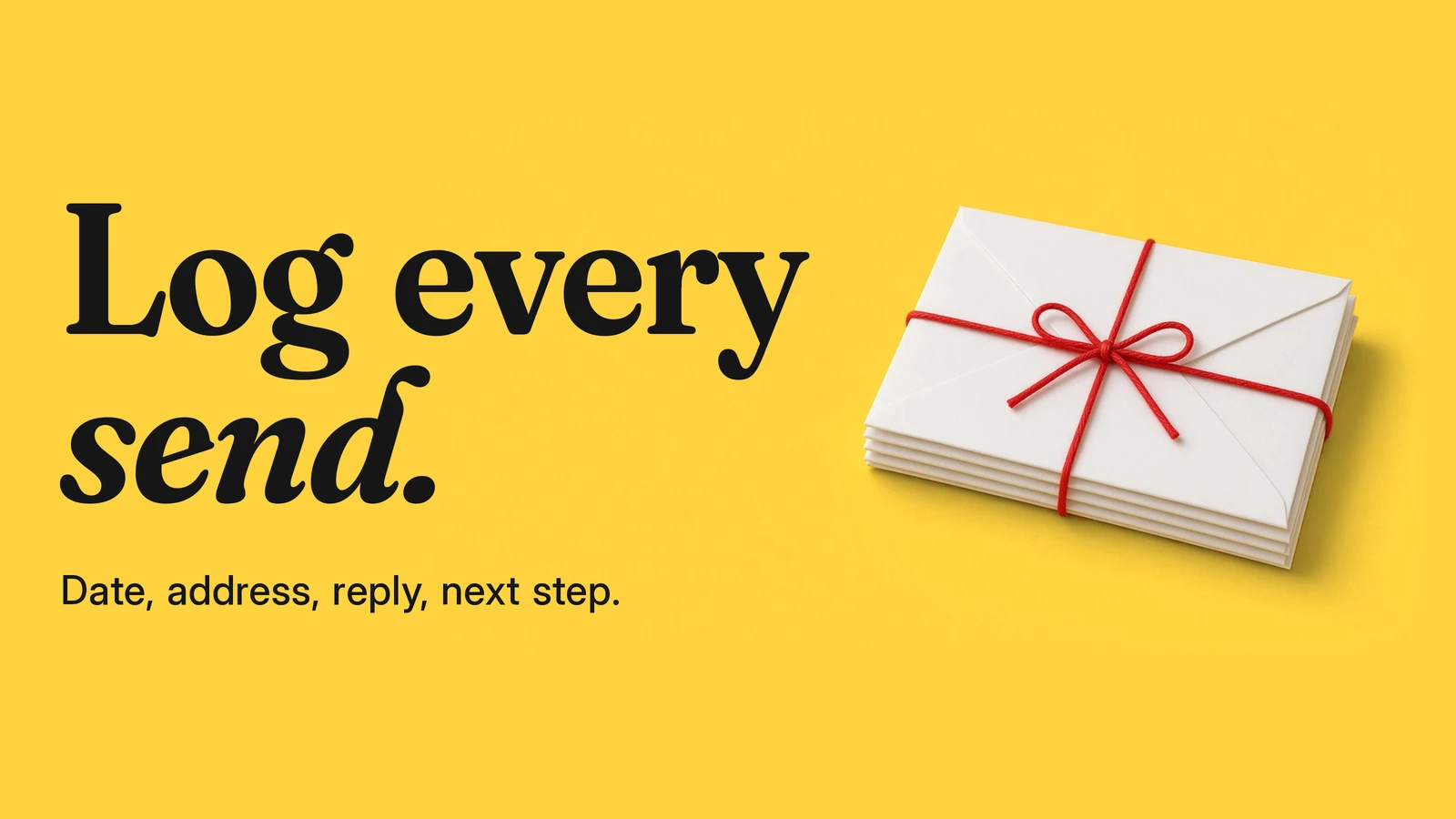 A stack of blank envelopes tied with red string on a yellow background. Text: Log every send. Date, address, reply, next step.
